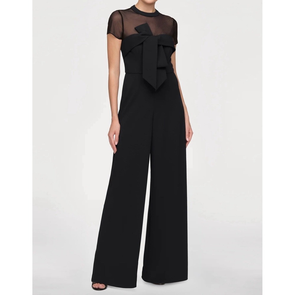 JS Collections Black Mesh Yoke Bow Detail Wide Leg Jumpsuit Womens 14 Formal - Picture 2 of 8